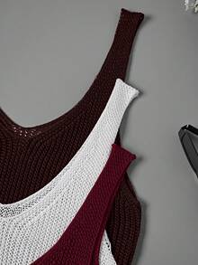 EMERY ROSE Damen Lässig Urlaubs V-Ausschnitt 3-teiliges Strickset, Sommer Damen Weste Tops Tanktops für Frauen Gestrickte Damen Tanktops Sommer - Bordeaux - Übersicht 4