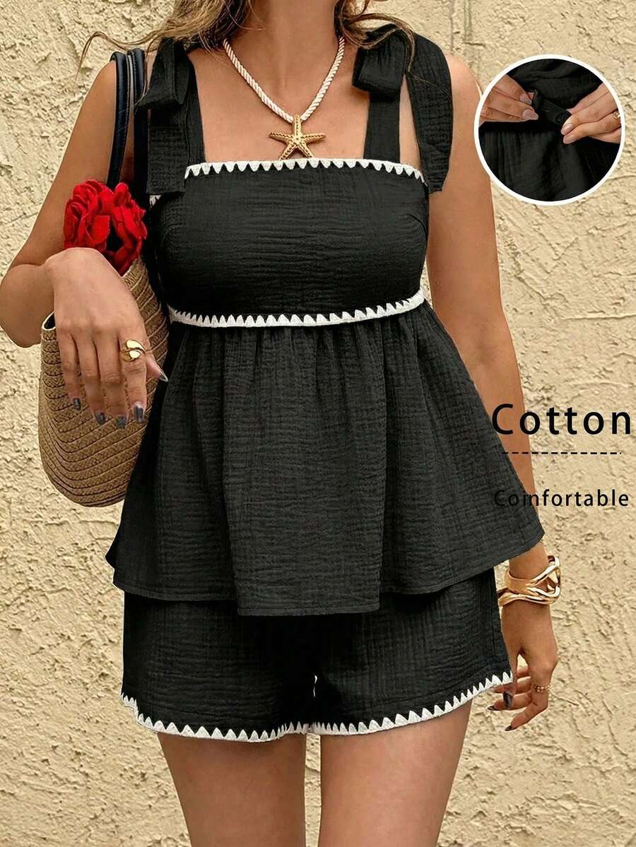 SHEIN Trang phục mùa hè, Quần áo bà bầu, Bộ đồ bầu 2 mảnh, Bộ áo hai dây và quần short phối màu tương phản cho bà bầu, Bộ đồ đi nghỉ mát hai mảnh bằng cotton kiểu Bohemian màu đen dành cho phụ nữ mang thai, với thiết kế phối màu tương phản và cạp chun co giãn thoải mái không gây khó chịu cho bụng bầu. Bộ đồ đi nghỉ mát cho nữ, Bộ đồ mùa hè phối hợp cho nữ, Trang phục nghỉ mát mùa hè cho nữ, Trang phục cotton cho nữ, Bộ đồ mùa hè phối hợp cho nữ, Trang phục mùa hè 2 mảnh dễ thương cho nữ, Trang phục mùa hè mới về cho nữ, Váy thường ngày cho nữ, Trang phục nghỉ mát mùa hè cho nữ, Váy đi nghỉ mát cho nữ, Váy mới về cho nữ, Váy dã ngoại thường ngày cho nữ, Trang phục du thuyền cho nữ, Váy chống nắng thường ngày, Bộ quần short thường ngày cho nữ, Trang phục nghỉ mát cho nữ, Trang phục du thuyền cho nữ, Trang phục mùa hè thường ngày cho nữ, Trang phục mùa hè thường ngày cho nữ, Trang phục thường ngày cho nữ, Bộ đồ hai mảnh quần short cho nữ, Bộ đồ cotton thoải mái mùa hè, Trang phục đi biển cho nữ - màu đen - Xem 1