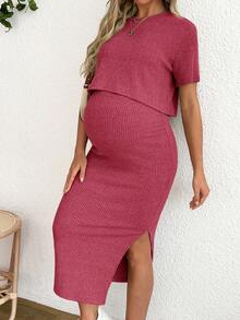 SHEIN 2 piezas Conjunto de top de punto acanalado y falda de unicolor para maternidad - Rosa - Ver 5