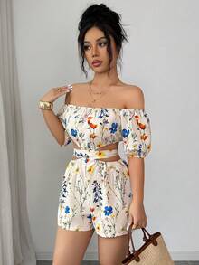 Elenzga 女士休闲优雅杏色碎花露肩系带修身连体裤，春夏款 - 彩色 - 查看 7