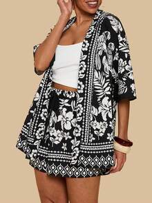 SHEIN TRVLCHIC Plus Size Tropical Print Shirt And Shorts Set, Casual Holiday Outfit - Black and White - View 6