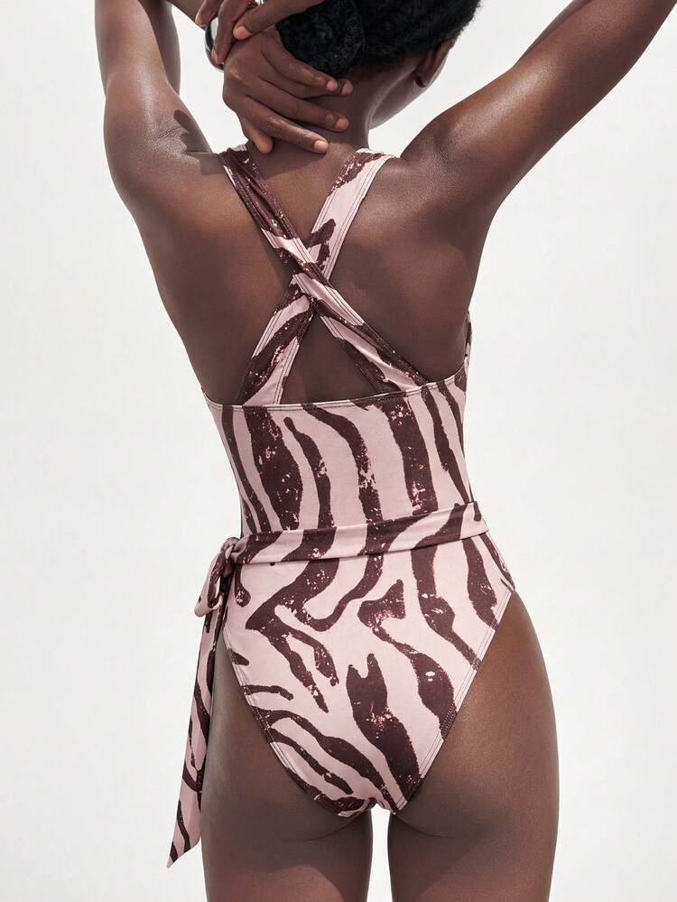 SHEIN Maija Women's Colorblock Zebra Print Sleeveless Fitted One-Piece Swimsuit, Summer Beach Animal Print Swimsuit Animal Print Bathing Suit One Piece Swimsuit Brown Print Swimsuit Animal Print Swimwear Zebra Print Swimsuit One Piece Bathing Suit Women's Swimsuits One Piece Swimsuit Women