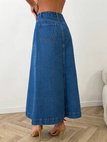 SHEIN High Waist Medium Wash Blue Button Front Long Midi Woman's Skirt - Medium Wash - View 8