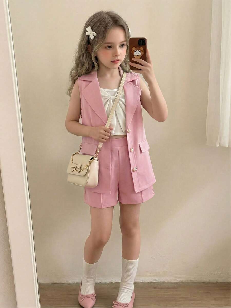 SHEIN 3件套女童夏季新款吊带蝴蝶结露脐背心、休闲直筒弹力腰短裤、无袖马甲外套、翻领开衫，简约百搭优雅时尚套装 - 粉色 - 查看 1
