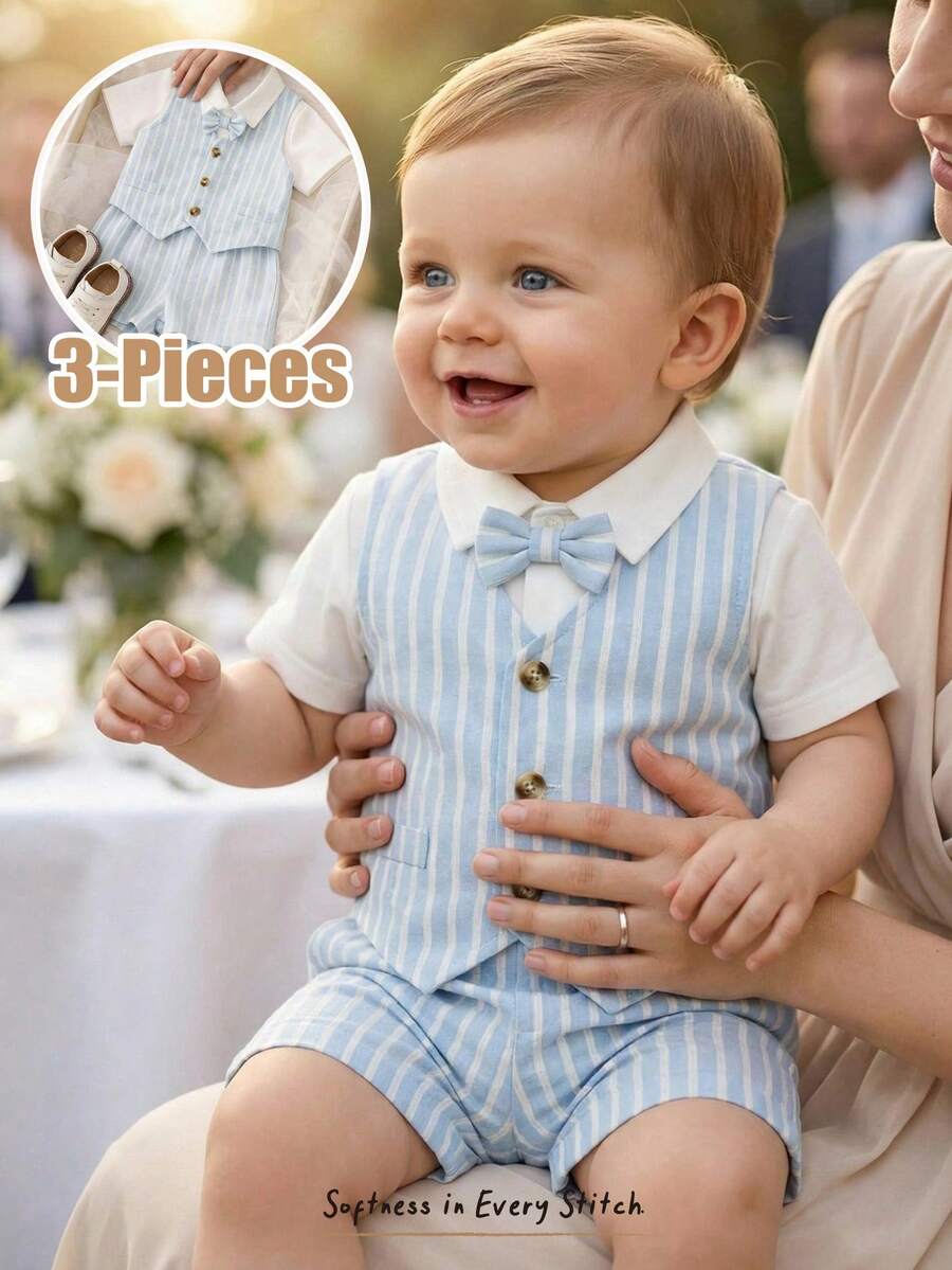 Cozy Pixies Bộ quần áo mùa hè dễ thương cho bé trai gồm 3 món: Áo vest kẻ sọc xanh, quần short, áo sơ mi ngắn tay kèm nơ, thích hợp cho tiệc sinh nhật, lễ rửa tội, lễ kỷ niệm sinh nhật lần thứ nhất, các dịp trang trọng. - Màu xanh lam - Xem 1