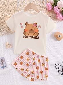 Bộ đồ ngủ ngắn tay cổ tròn, dễ thương, vui nhộn, mềm mại, đáng yêu dành cho bé gái tuổi teen, họa tiết Capybara hoạt hình, sọc hồng, vàng kem, phù hợp cho mùa hè - Nhiều màu - Xem 2