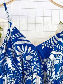 INAWLY 1 件装女士新款吊带露背蓝白碎花V领长连衣裙，收腰设计，多层裙摆饰以复古几何图案，飘逸下摆，优雅休闲，适合度假、通勤、外出等场合。 - 藍色 - 查看 7