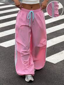Muchica Casual Sports Colorblock Striped Wide Leg Pants - Pink - View 1