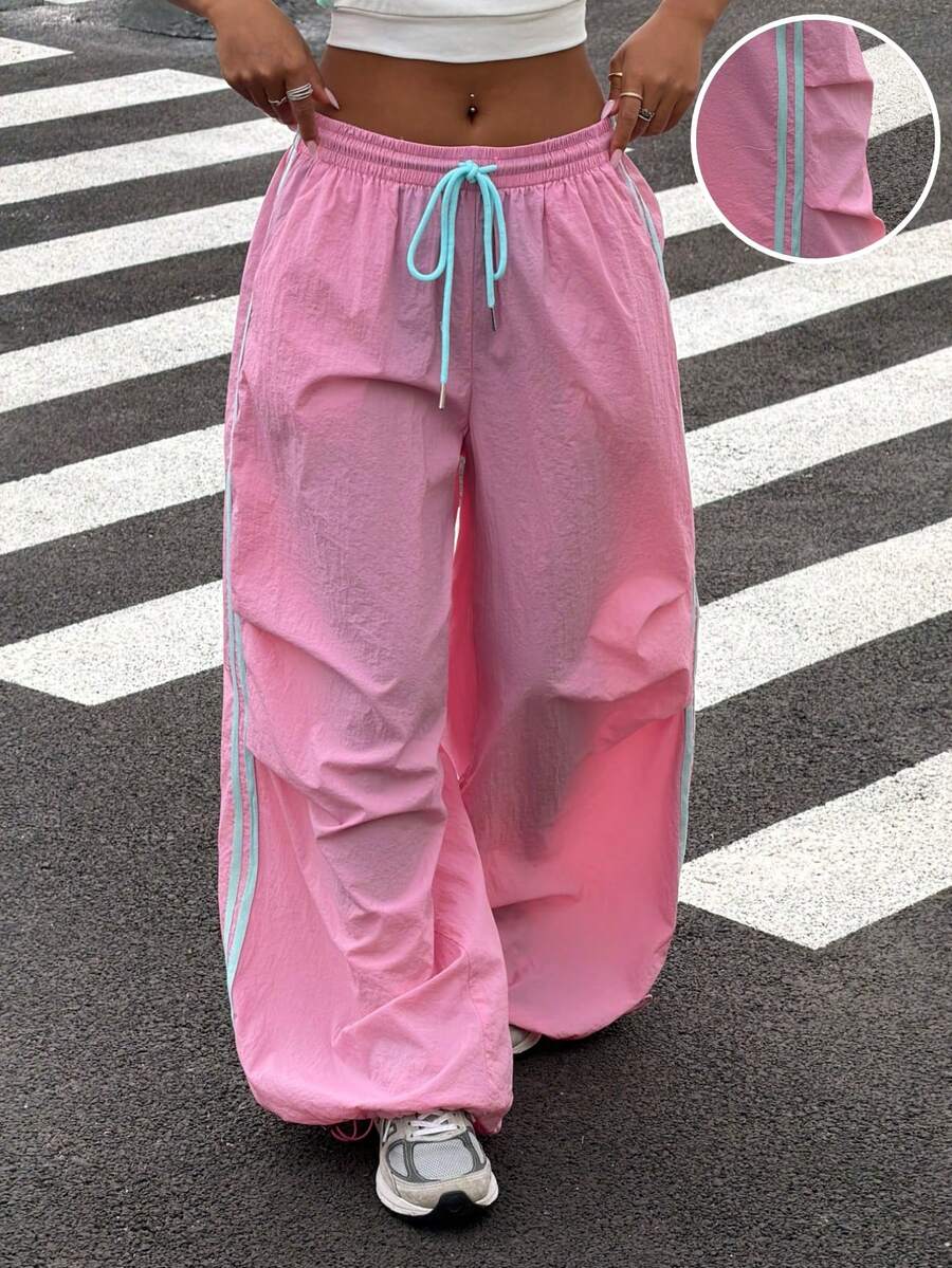 Muchica Casual Sports Colorblock Striped Wide Leg Pants - Pink - View 1
