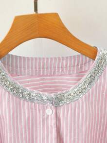 GlowEve CURVE Plus Size Women's Round Neck Striped Beaded Patchwork Shirt, Suitable For Outing, Commuting, Casual Wear - Pink - View 3