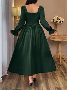 Auvina Plus Size Dark Green Elegant Wedding Guest Maxi Dress,Sweetheart Neck Slit Button Decor Women's Outfit,Autumn Retro Street Casual Party Date Wear - Green - View 2
