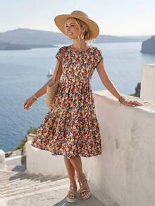 EMERY ROSE 女式夏季休闲碎花度假蝙蝠袖连衣裙 - 彩色 - 查看 3
