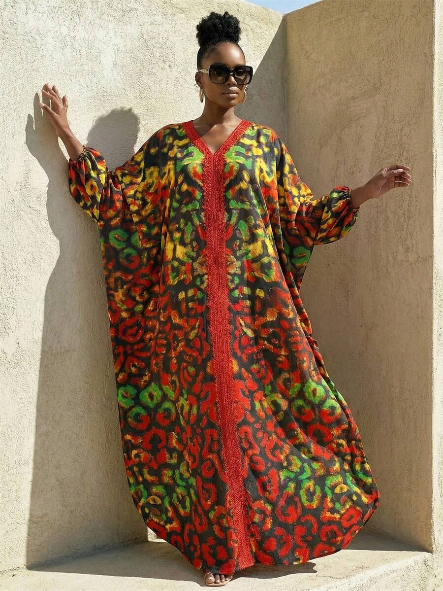 BamGlimmer Women's Red Leopard Print Dress Unique Design Boho Beach Vacation Holiday For Spring Summer Autumn,Fashion Resort Style Perfect For Party - Multicolor - View 1