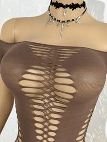 Jeanoix Women's Sexy Brown Hollow-Out Short Sleeve Mini Dress - Brown - View 4