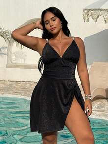 Swim Lushoire Plus Size Women's Solid Color Strap Bikini Two Pieces Swimwear - Black - View 3