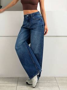 SHEIN LOW WAIST WIDELEG DARK BLUE WASH STREET WEAR JEAN CASUAL - Dark Wash - View 1