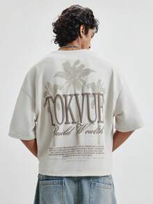 TOKVUE Áo thun nam tay ngắn in hình cây cọ, kiểu dáng thoải mái, thường ngày. - Màu be - Xem 1