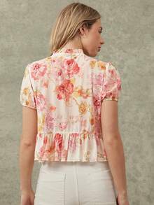 WESTFADE Sheer Floral Mesh Mock Neck Bow Tie Front Ruffle Peplum Short Puff Sleeve Top Spring, Summer, Resort Wear, Festival, Cute, Boho, Vacation, Beach, Nashville, Rodeo, Country Concert Outfit, Cowgirl, Western Wear - Multicolor - View 2