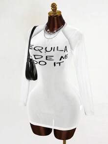 Mistrie 女士新款性感半透明印花长袖连衣裙，网纱丝绸印花，YK2酷女孩风格。 - 白色 - 查看 3