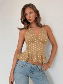 RiviMae Women's V-Neck Halter Ruffle Polka Dot Sleeveless Top, Suitable For Spring Music Festivals - Khaki - View 3