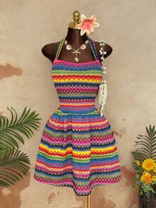 Sunspun Plus Size Spaghetti Strap Sexy Tropical Backless Dress - Multicolor - View 8