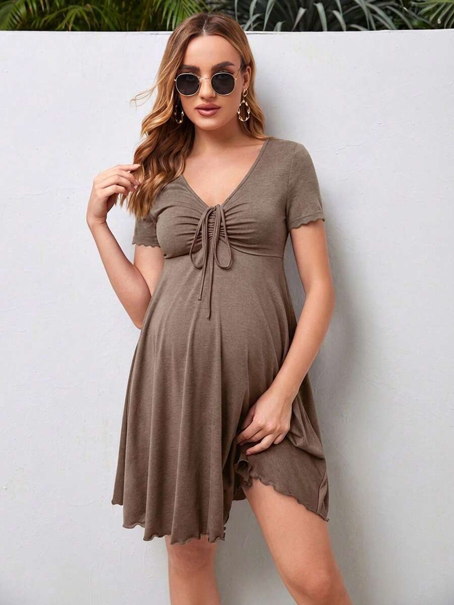 SHEIN 孕妇休闲V领褶皱打结纯色连衣裙,适合夏季日常通勤 - 卡其色 - 查看 1