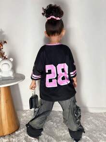 SHEIN Young Girl Casual Daily Fashion Street Chic Round Neck Numeric Print Black & Pink T-Shirt - Pink - View 4