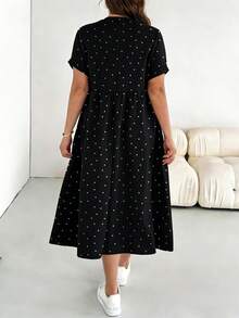 SHEIN Essnce 休闲优雅简约白色波点印花大码女式短袖连衣裙，适合春夏穿着，黑色休闲连衣裙 - 彩色 - 查看 2