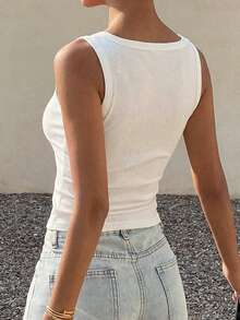 Dazy Star Áo tank top nữ màu trơn, cài cúc nửa thân, kiểu dáng thường ngày, chất liệu gân sọc. - trắng - Xem 5