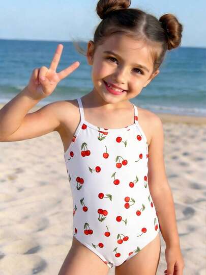 SHEIN Young Girls Cute Retro Cherry Print Pattern, Beach Vacation Style, Young Girls Casual Minimalist One-Piece Swimsuit Suitable For Summer Chill Vacation, #Coconutgirl