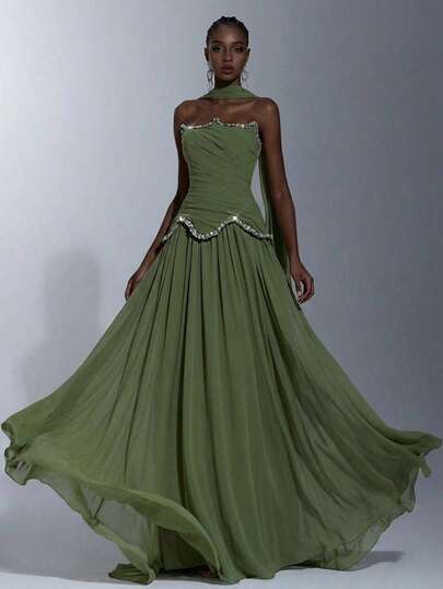 Elitara Elegant Olive Green Strapless Asymmetrical Neckline Luxury Rhinestone Chain Waist Ruched Flared A-Line Maxi Dress (Detachable Halter Included), Suitable For Dates, Vacations, Singles Parties, Weddings, And All Formal Occasions, Women's Evening Gown