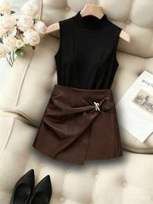 SHEIN Holidaya Fashionable New High Collar Sleeveless Slim Fit Tank Top + Shiny Leather Asymmetrical Hem High Waist Bodycon Skirt, Spring/Summer Two Pieces Set - Black - View 1