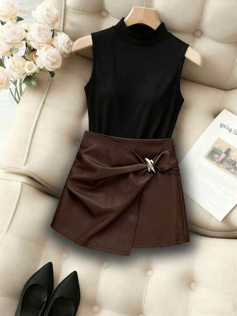 SHEIN Holidaya Fashionable New High Collar Sleeveless Slim Fit Tank Top + Shiny Leather Asymmetrical Hem High Waist Bodycon Skirt, Spring/Summer Two Pieces Set - Black - View 1
