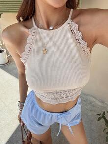 Serisse 女士纯色吊带蕾丝边短款修身背心 - 杏色 - 查看 3