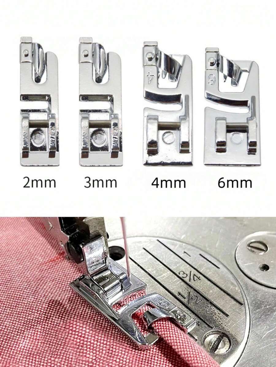 4Pcs/Set Stainless Steel Hemming Foot Set, Sewing Machine Accessories, Including 2mm, 3Mm, 4Mm, 6Mm Sewing Hemming Foot Set For Household Multifunctional Sewing Machines, Fine Needle, Sewing Tools, Home Essentials Christmas For Holiday Gift Giving,Decorations