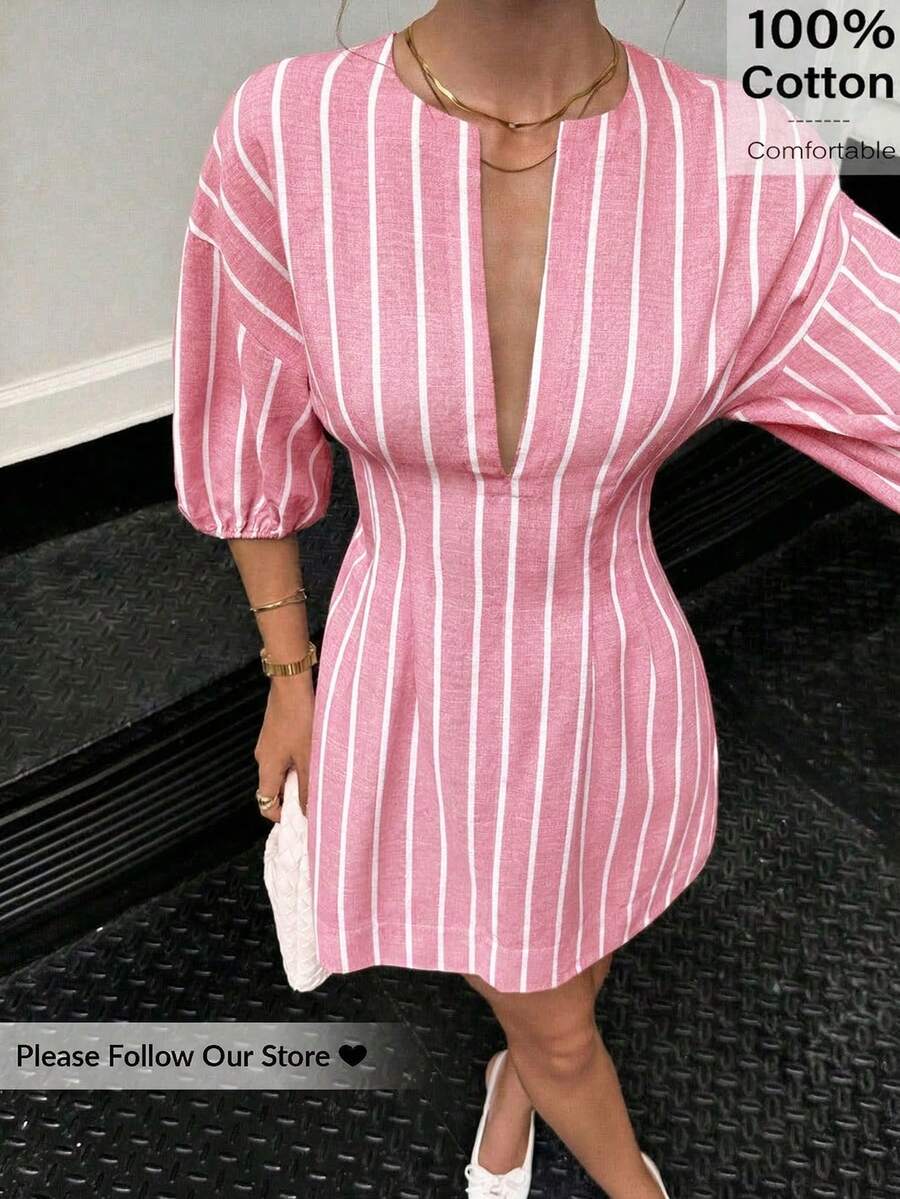 Siren Gaze 女士夏季时尚条纹V领迷你连衣裙，粉色连衣裙，粉色条纹连衣裙，女士夏季连衣裙，夏季条纹迷你连衣裙，女士休闲连衣裙 - 粉色 - 查看 1