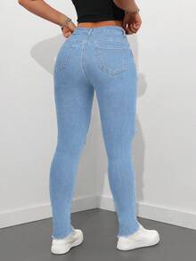 SHEIN Tall Women's Pocket Button Distressed Casual Versatile Daily Wear Jeans - Light Wash - View 2