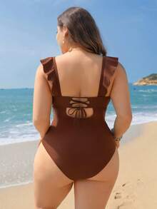 Swim Lushoire Traje de baño de una pieza para mujer talla grande 2026 de nuevo unicolor marrón, de moda, para vacaciones, uso diario y casual, con cuello alto con volantes, tirantes gruesos ajustables, escote en V profundo, espalda descubierta y cintura con lazo, que estiliza la figura - Marrón - Ver 2