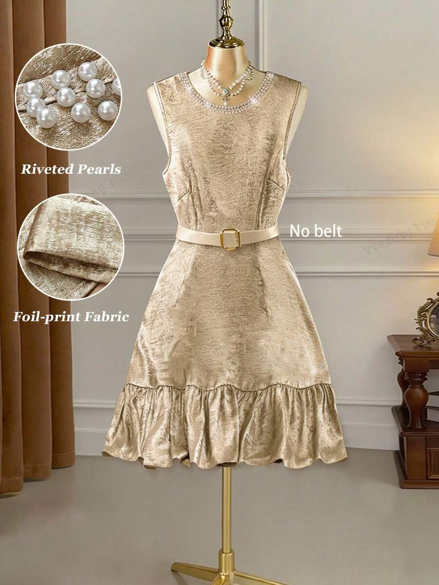 SHEIN Clasi Plus Size Women's Elegant Champagne Summer Formal Dress,Metallic Shiny Pearl Decor Round Neck Sleeveless Foil-Print Vintage Short Dress For Party - Gold - View 1