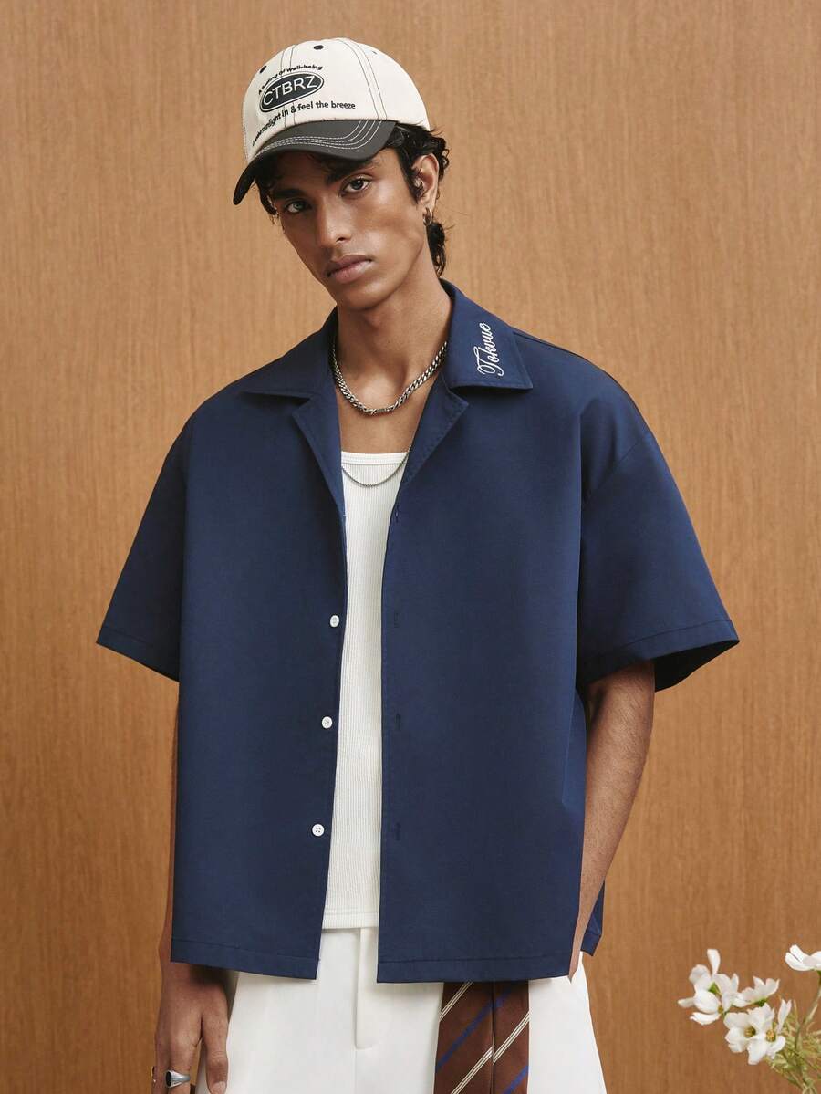 TOKVUE Men's Letter Embroidered Short Sleeve Single-Breasted Casual Shirt - Navy Blue - View 1