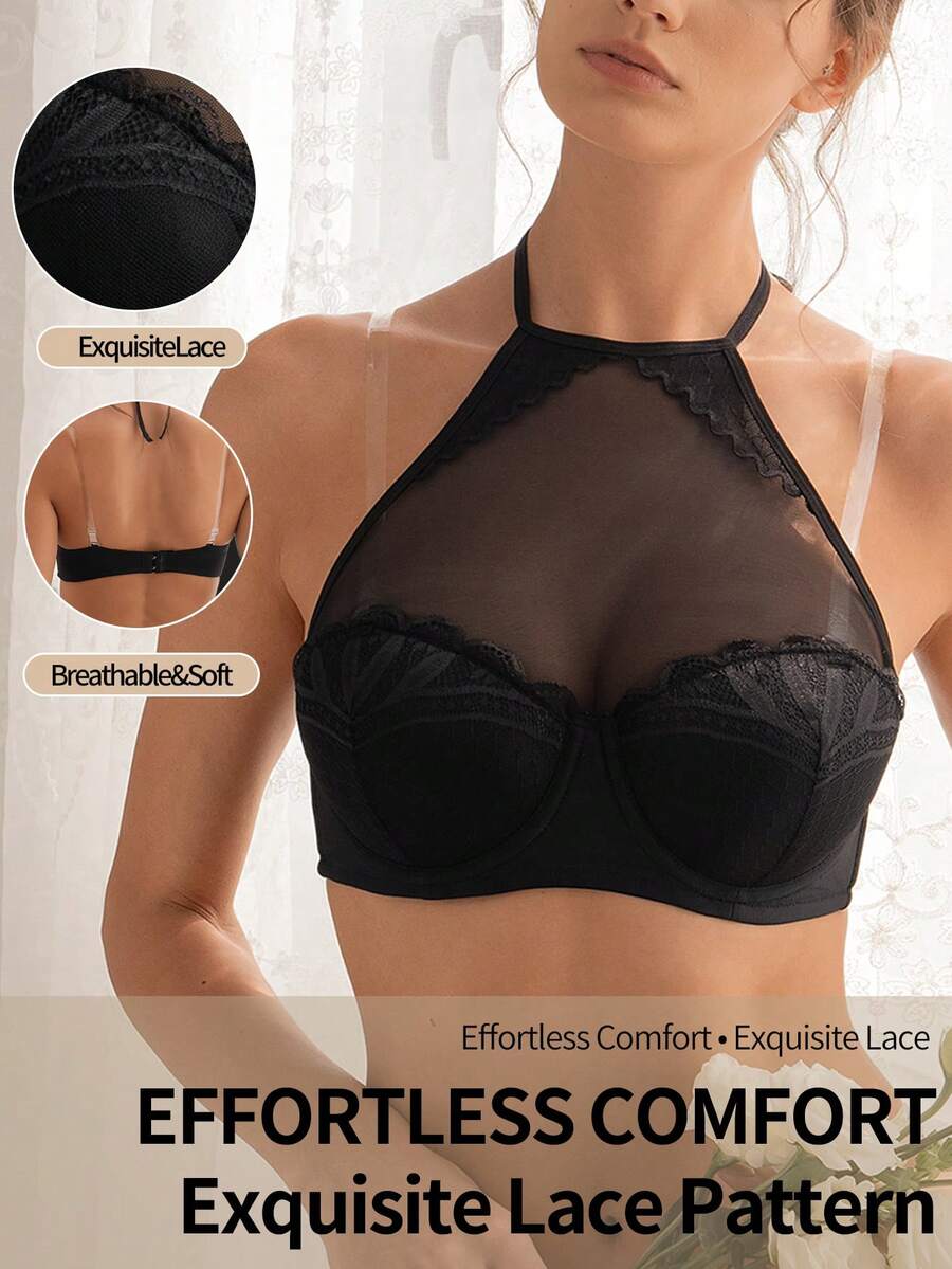 DesireSculpt 1pc Lace Patchwork Strapless Bralette, Standard Size - Black - View 1