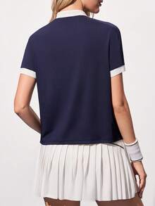 CourtClass 女士夏季休闲运动撞色滚边网球Polo衫 - 藏蓝色 - 查看 2
