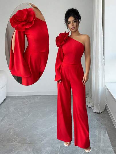 SHEIN Elenzya Women's Elegant One-Shoulder Red Floral Design Dress, Suitable For Valentine's Day, Party, Date, New Year, Wedding, 2-Piece Set, One Shoulder Jumpsuit, Red Outfits For Women