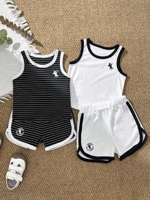 SHEIN Bộ 4 món cho bé trai, áo cổ tròn in hình hiệp sĩ và quần short. - trắng - Xem 1