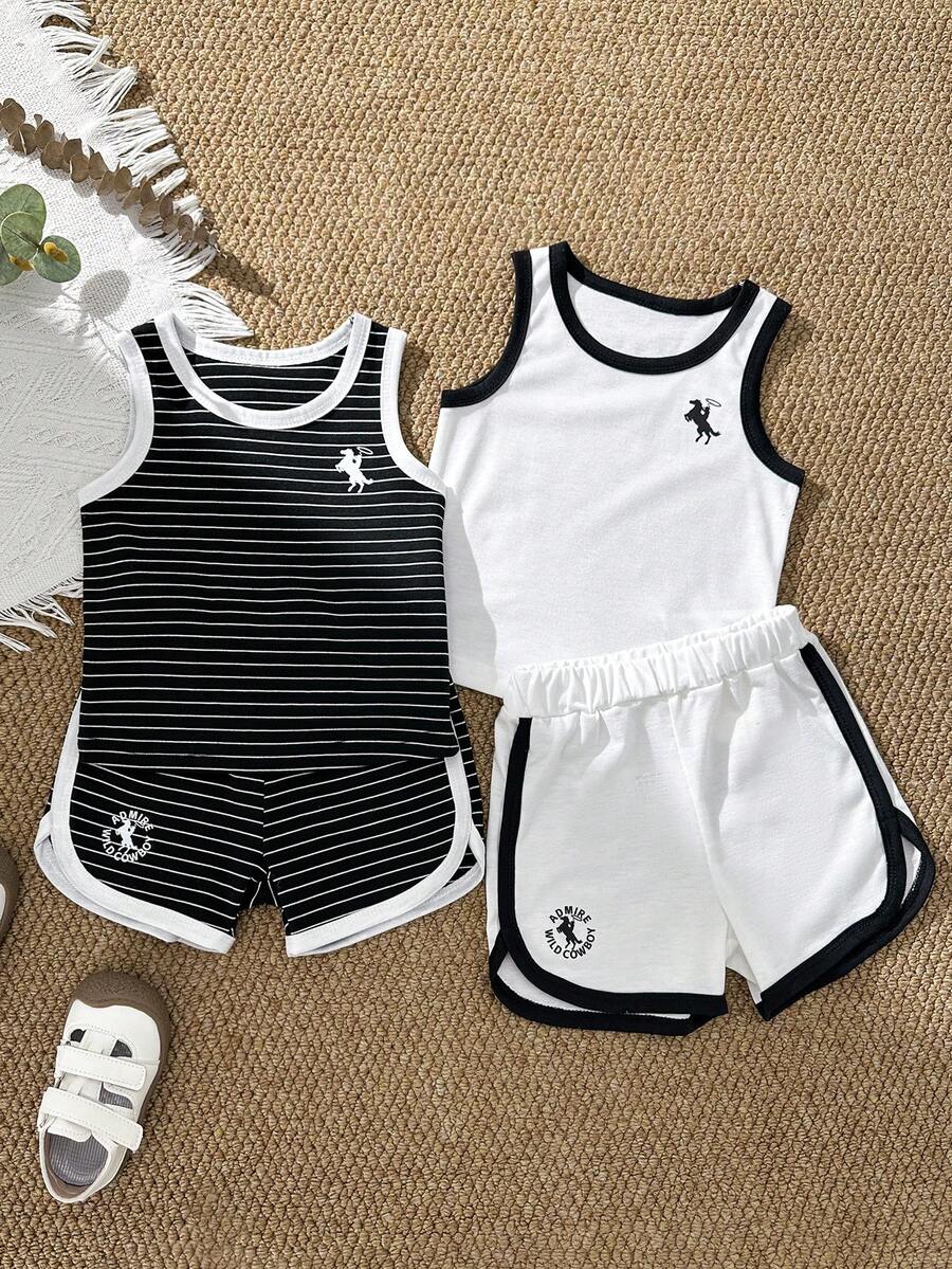 SHEIN Bộ 4 món cho bé trai, áo cổ tròn in hình hiệp sĩ và quần short. - trắng - Xem 1