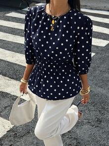 Siren Gaze Women's New Polka Dot Petal Sleeve Blouse - Navy Blue - View 3