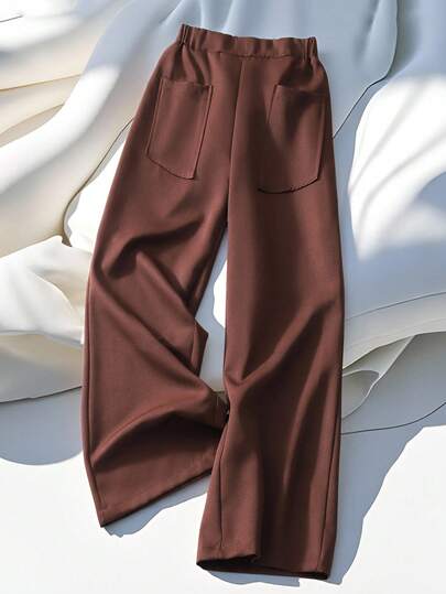 SHEIN Girls' Elegant Wide Leg Pants, Fashion Casual With Pockets And Waist Cinching Design, Flared Trousers For Tween GirlsSolid Color Pocket Wide Leg Elegant Ladies Suit Pants, Suitable For Daily Wear And Leisure Outings