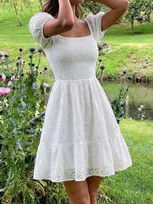 KARISMINA 女士优雅浪漫露肩白色刺绣连衣裙，适合春夏度假 - 白色 - 查看 1