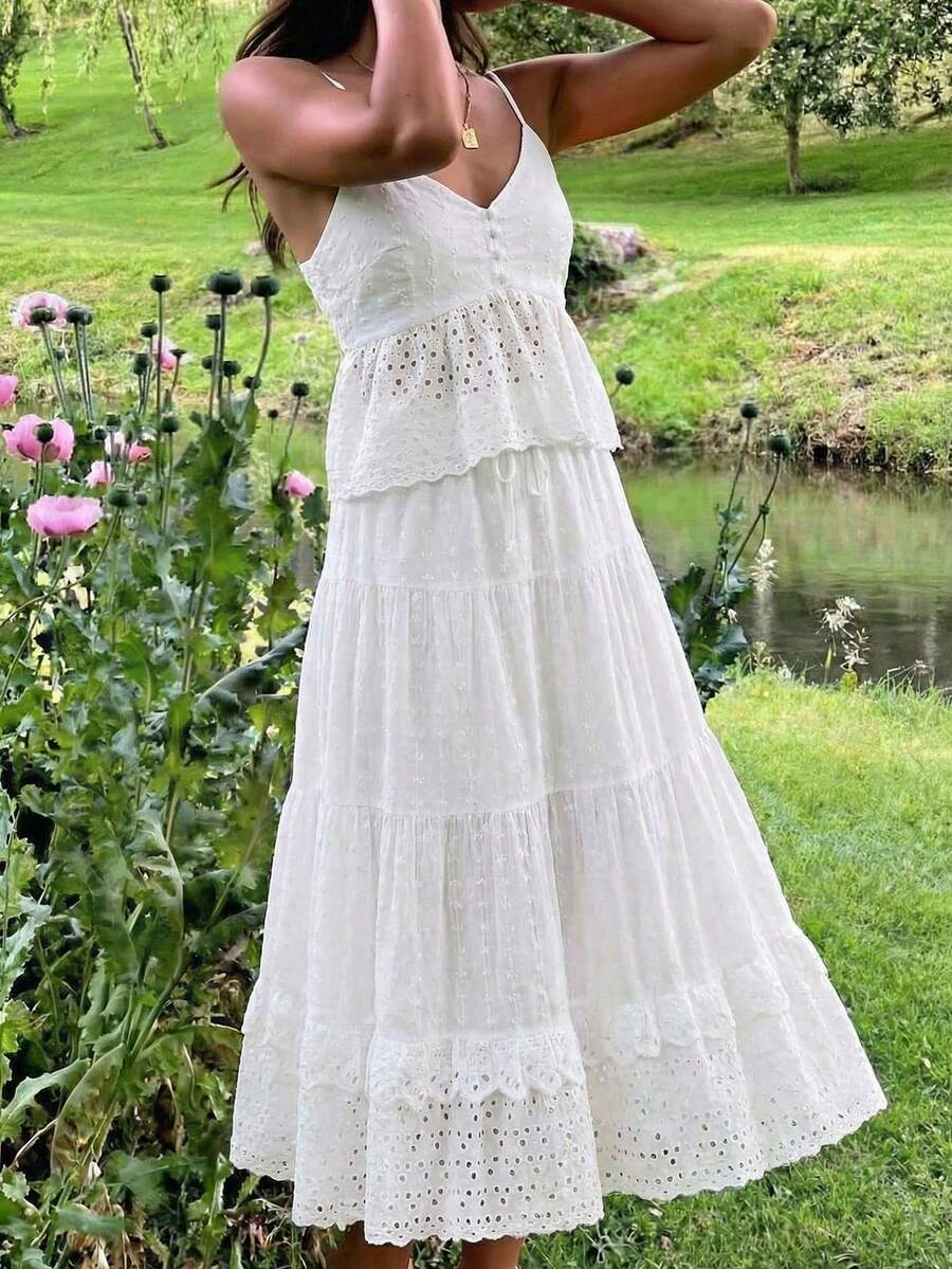 KARISMINA Women's Sping Summer Romantic Embroidered White 2 Pieces Set, Suitable For Spring/Summer Vacation,Vacation Outfits Women,Party Dress,Elegant Dresses For Party,Wedding Guest Dress For Women,Graduation Dress,White Dresses For Women,Spring Women,Vacation Outfits Women,Party Dress,Elegant Dresses For Party,Wedding Guest Dress For Women,Graduation Dress,Lady's White Two-Piece Set,Spring Women,Beach Outfit For Women - White - View 1