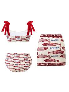 Swim Oasis 3pcs Women's Summer Swimsuit Set, Sardine Print Bandeau Top With Tie, Matching Skirt, Beach Vacation Outfit - Red - View 2